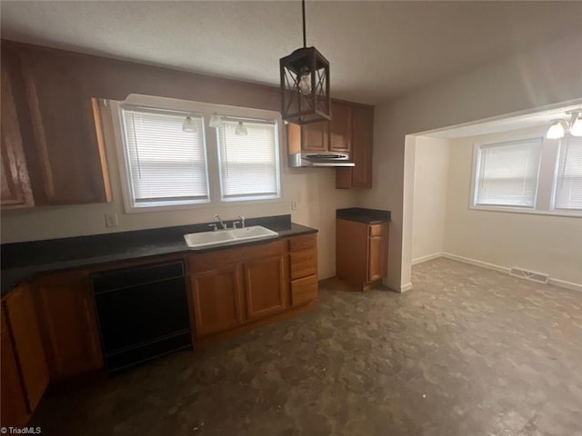 kitchen with sink, dishwasher, and hanging light fixtures