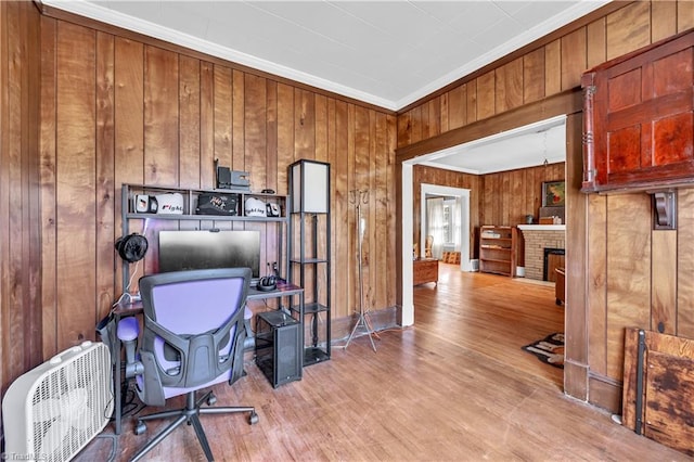 1112 Hamilton St, High Point, NC 27262 - office space with wood walls, ornamental molding, wood finished floors, and a brick fireplace