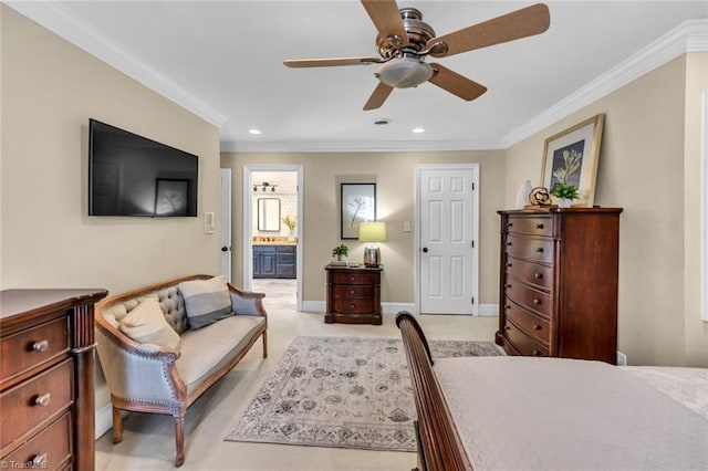 bedroom featuring baseboards, a ceiling fan, ensuite bathroom, crown molding, and recessed lighting