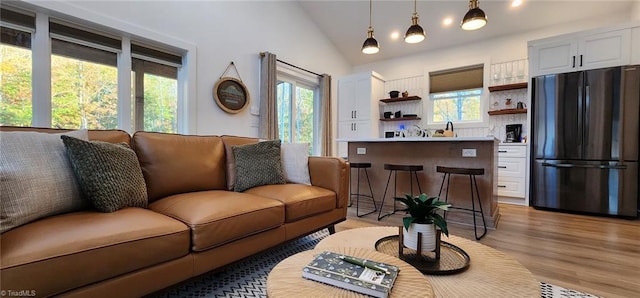 living room with lofted ceiling and light wood-type flooring