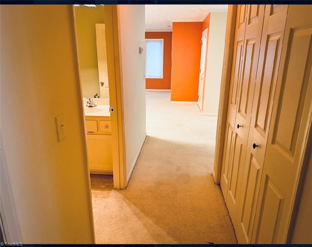 corridor with sink and light colored carpet