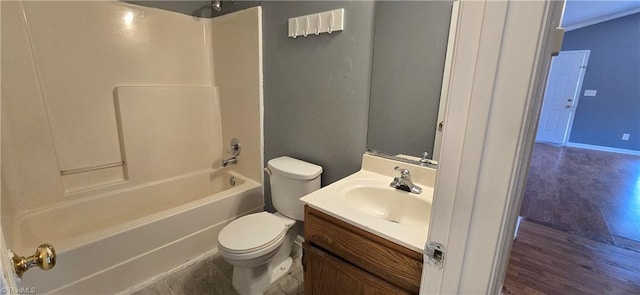 full bathroom with hardwood / wood-style flooring, vanity, toilet, and tub / shower combination