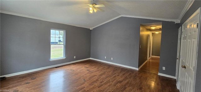 interior space featuring dark hardwood / wood-style floors, vaulted ceiling, and ceiling fan