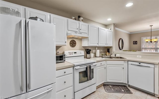 kitchen featuring under cabinet range hood, white appliances, a sink, white cabinets, and an inviting chandelier