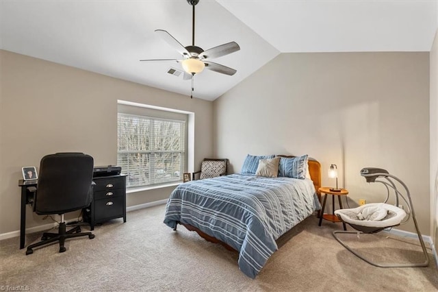 carpeted bedroom featuring visible vents, vaulted ceiling, baseboards, and ceiling fan