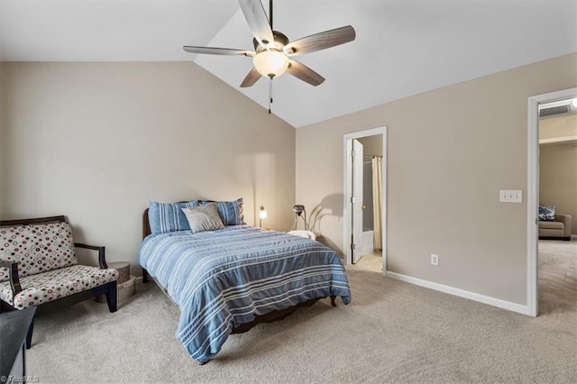 carpeted bedroom with lofted ceiling, ceiling fan, and baseboards