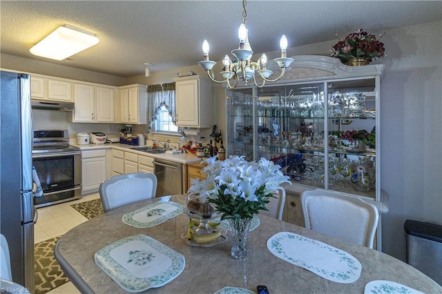 kitchen featuring pendant lighting, white cabinetry, stainless steel appliances, an inviting chandelier, and sink