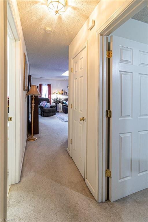 hall featuring light colored carpet and a textured ceiling