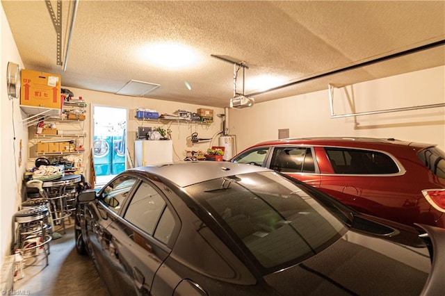 garage with water heater and a garage door opener