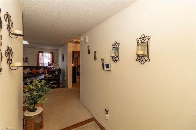 hallway featuring carpet and a textured ceiling