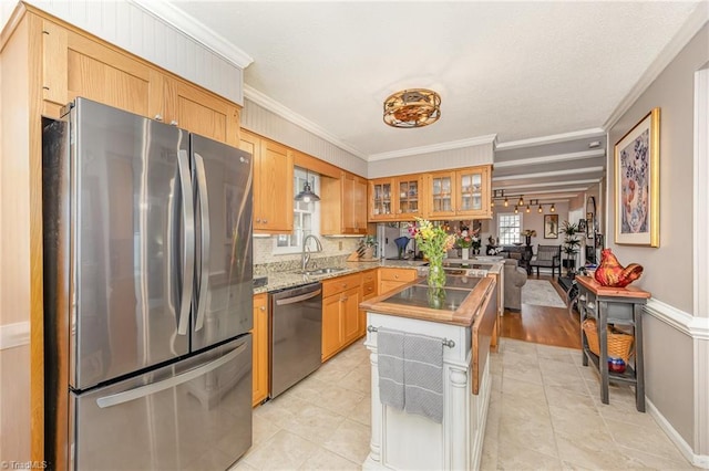 kitchen featuring plenty of natural light, a sink, appliances with stainless steel finishes, and ornamental molding