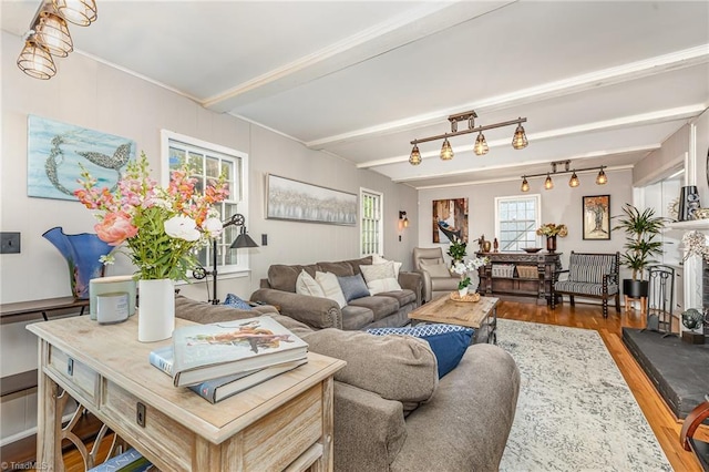living room featuring beamed ceiling and wood finished floors