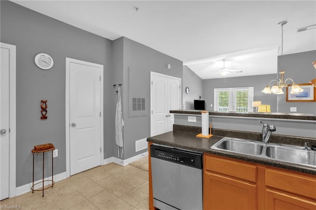 4455 Brassfield Dr Unit 306, Winston-Salem, NC 27105 - kitchen featuring stainless steel dishwasher, a sink, dark countertops, ceiling fan, and baseboards