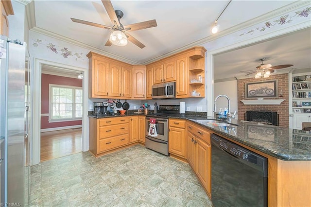 kitchen with ceiling fan, ornamental molding, stainless steel appliances, and a sink