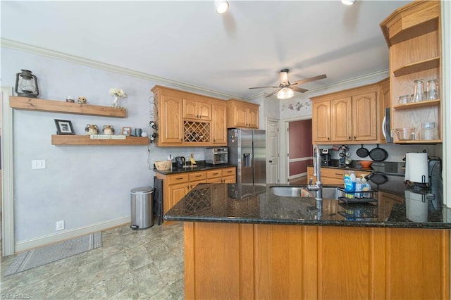 kitchen with a peninsula, dark stone countertops, baseboards, open shelves, and appliances with stainless steel finishes