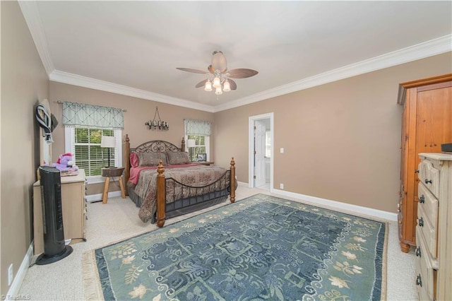 bedroom featuring light colored carpet, a ceiling fan, baseboards, and ornamental molding