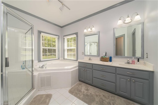full bath with tile patterned floors, visible vents, a sink, and a stall shower