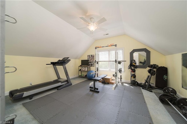 exercise area featuring lofted ceiling, baseboards, ceiling fan, and visible vents