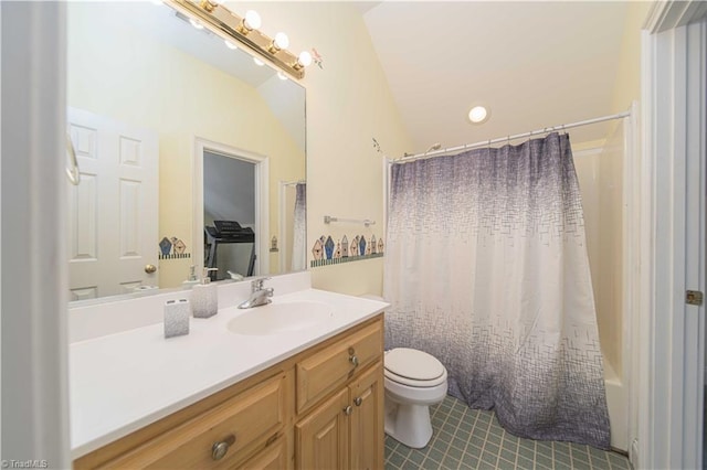 full bath featuring shower / bath combo, vaulted ceiling, tile patterned floors, vanity, and toilet