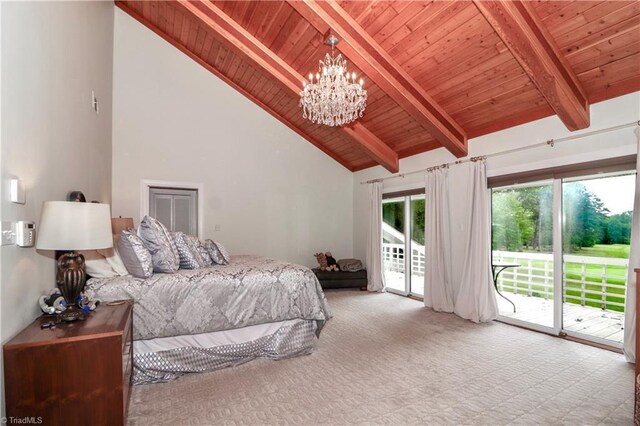 bedroom with light colored carpet, beam ceiling, access to exterior, and wooden ceiling