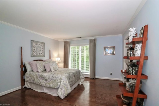 bedroom with baseboards, visible vents, ornamental molding, and dark wood-type flooring