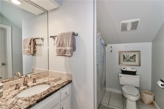 bathroom with tile patterned floors, vanity, curtained shower, toilet, and lofted ceiling