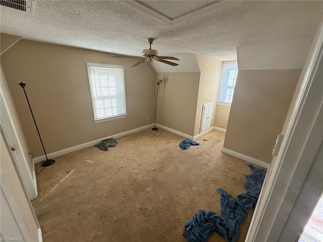 additional living space with baseboards, visible vents, lofted ceiling, carpet, and a textured ceiling