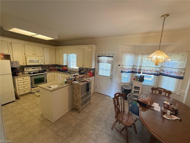 kitchen featuring crown molding, light floors, hanging light fixtures, backsplash, and white appliances