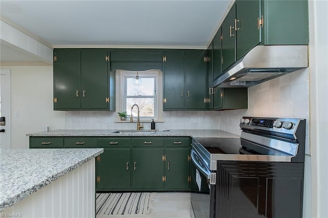 kitchen featuring green cabinets, stainless steel electric range, a sink, and under cabinet range hood