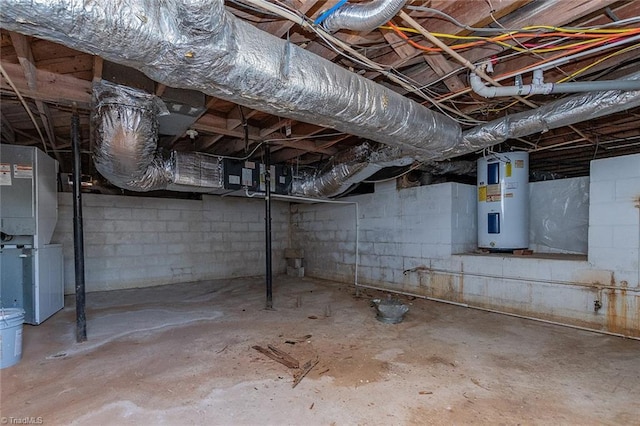 unfinished basement with heating unit and water heater