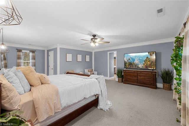 bedroom with ceiling fan, crown molding, and light colored carpet