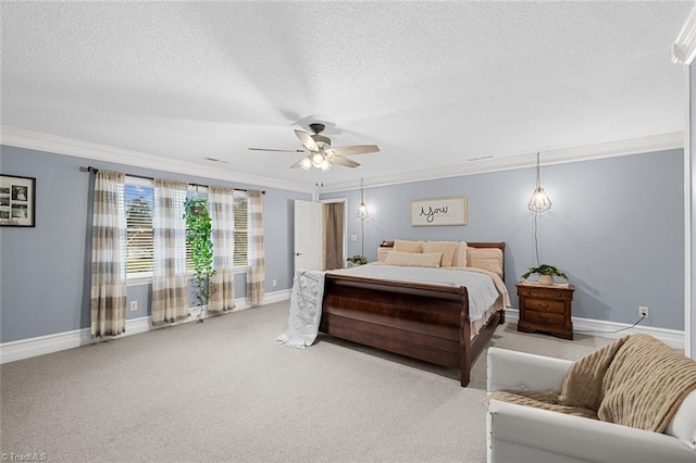 bedroom featuring ceiling fan, light carpet, a textured ceiling, and ornamental molding