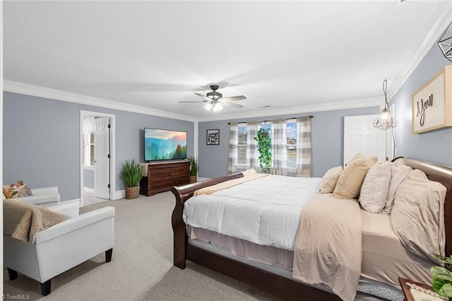 bedroom with multiple windows, light carpet, ceiling fan, and ornamental molding