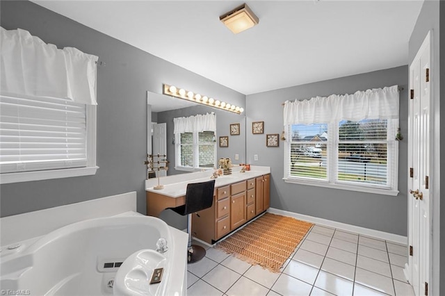 bathroom featuring tile patterned flooring, vanity, and a bath