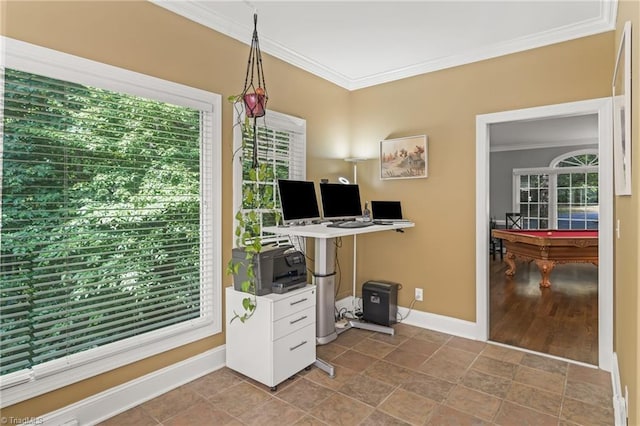 office with crown molding and pool table