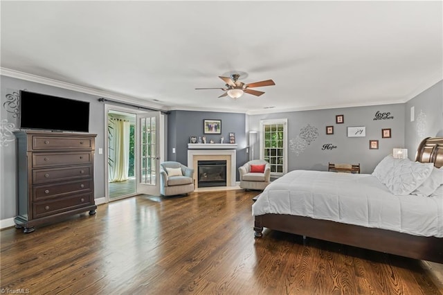 bedroom with access to outside, ceiling fan, crown molding, and dark hardwood / wood-style floors