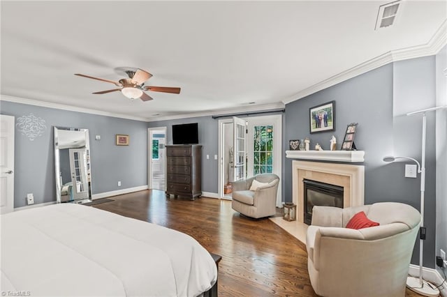 bedroom featuring access to exterior, ceiling fan, crown molding, and dark wood-type flooring