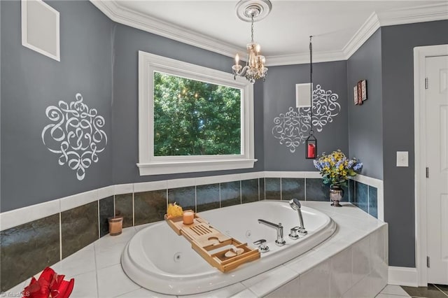 bathroom with tiled bath, tile patterned floors, and ornamental molding