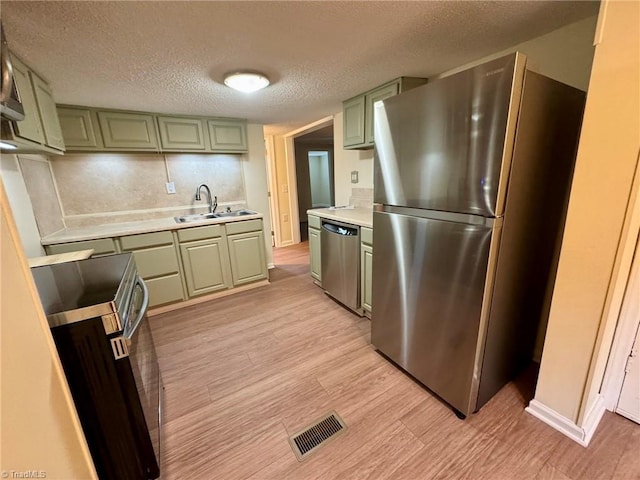kitchen with stainless steel appliances, a sink, visible vents, green cabinets, and light countertops
