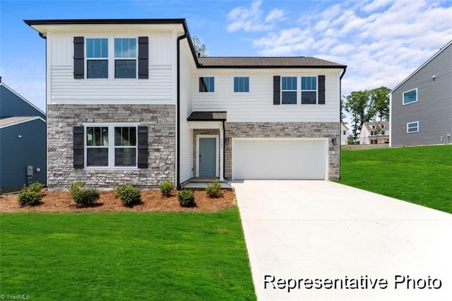 view of front of house featuring concrete driveway, a garage, stone siding, and a front lawn