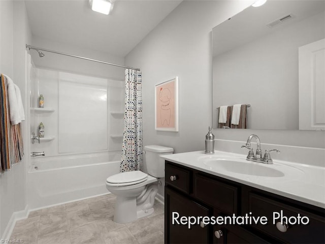 bathroom featuring vanity, shower / bath combo with shower curtain, toilet, and visible vents