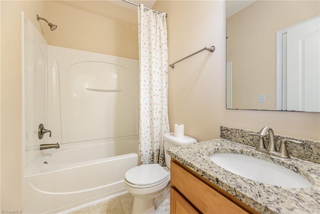bathroom featuring tile patterned floors, toilet, shower / bath combo with shower curtain, and vanity