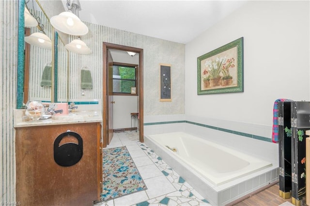 1920 Chateau Rdg, Winston-Salem, NC 27103 - full bath with a garden tub, vanity, wallpapered walls, and tile patterned flooring