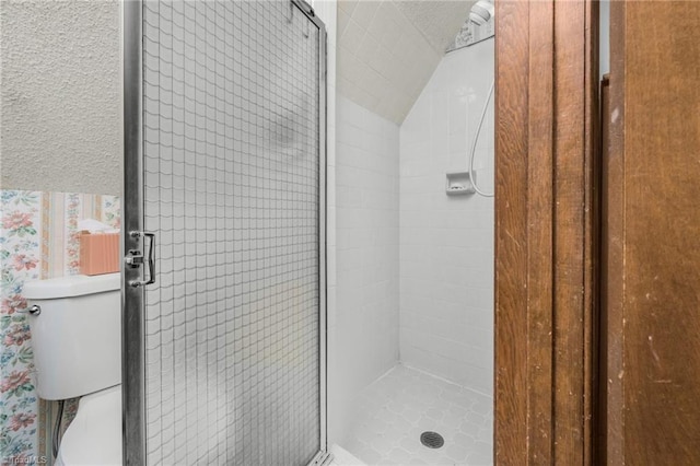 1920 Chateau Rdg, Winston-Salem, NC 27103 - bathroom featuring a shower stall, toilet, and lofted ceiling