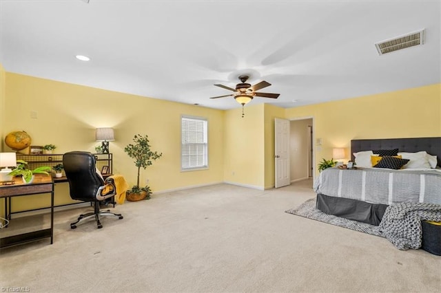 carpeted bedroom with a ceiling fan, recessed lighting, visible vents, and baseboards