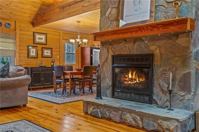 sitting room with wooden walls, wood-type flooring, lofted ceiling with beams, a stone fireplace, and wooden ceiling