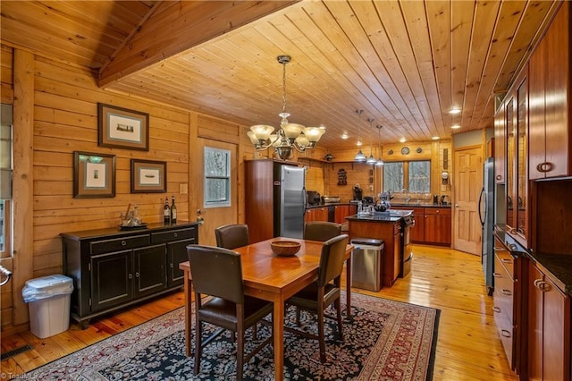 dining space with beam ceiling, a notable chandelier, light hardwood / wood-style floors, wooden ceiling, and wood walls