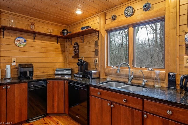 kitchen featuring sink, wood walls, wooden ceiling, dark stone countertops, and black dishwasher