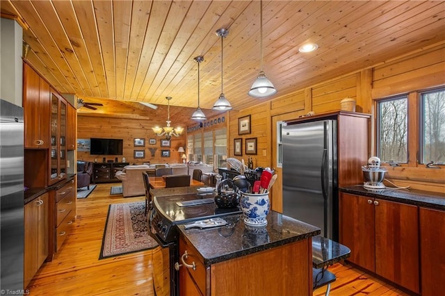 kitchen featuring a kitchen island, wooden walls, hanging light fixtures, wooden ceiling, and black / electric stove