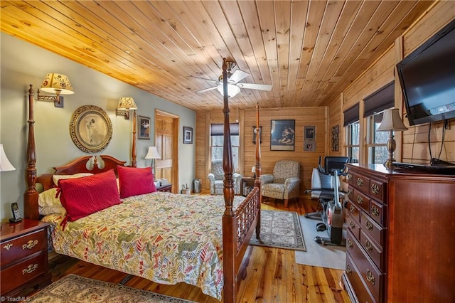 bedroom with wood-type flooring, wooden ceiling, and wood walls